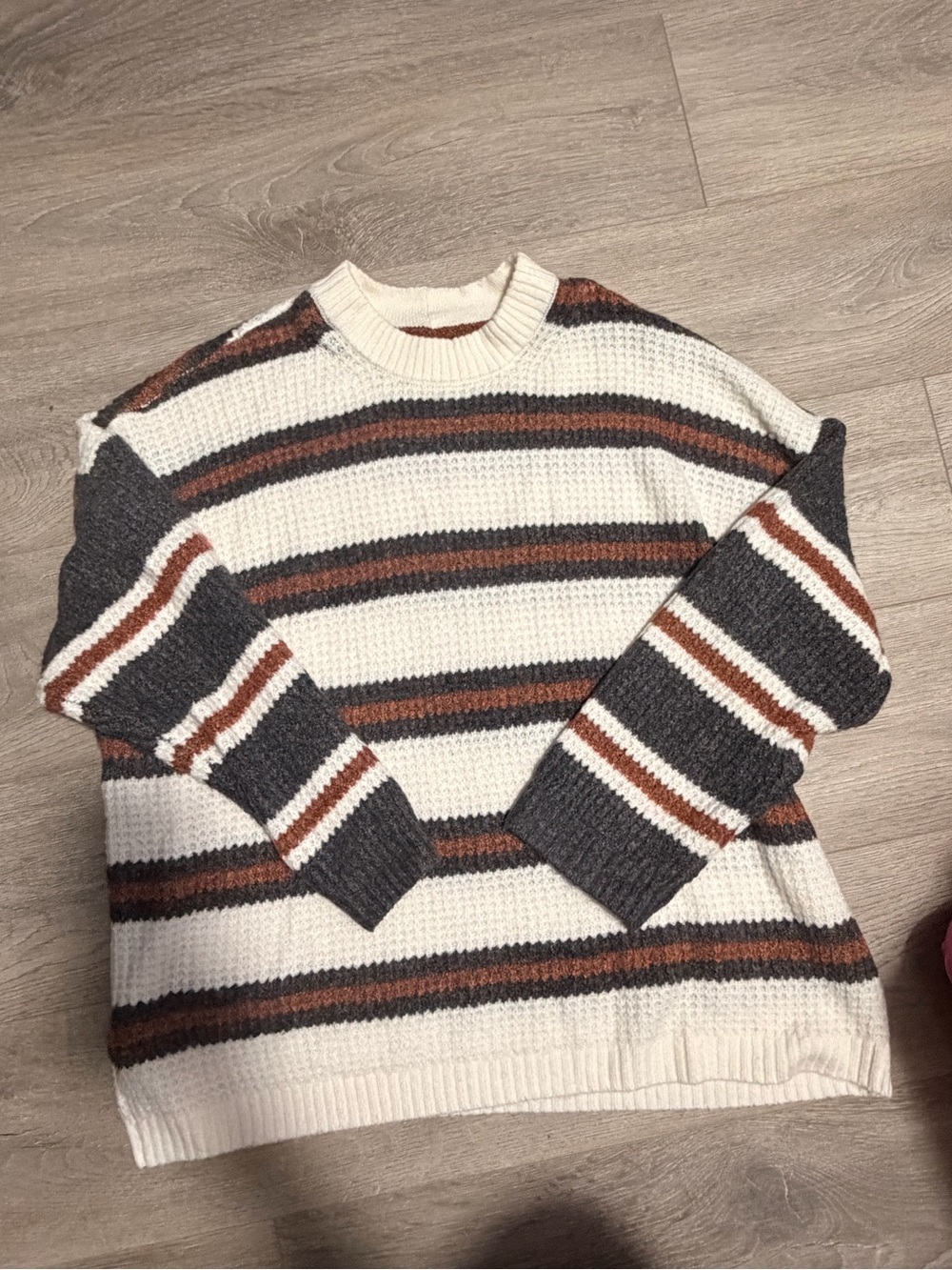 American Eagle Outfitters Cream, Charcoal & Brown Striped Crewneck Sweater